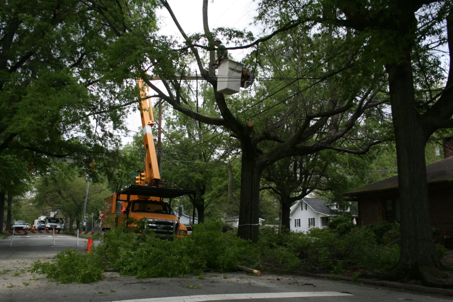 Tree service bucket truck working in Bloomington neighborhood